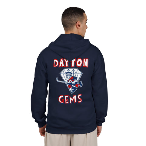 Dayton Gems Hoodie (Zip) in navy, worn by model, back with the skater inside a diamond with red block lettering