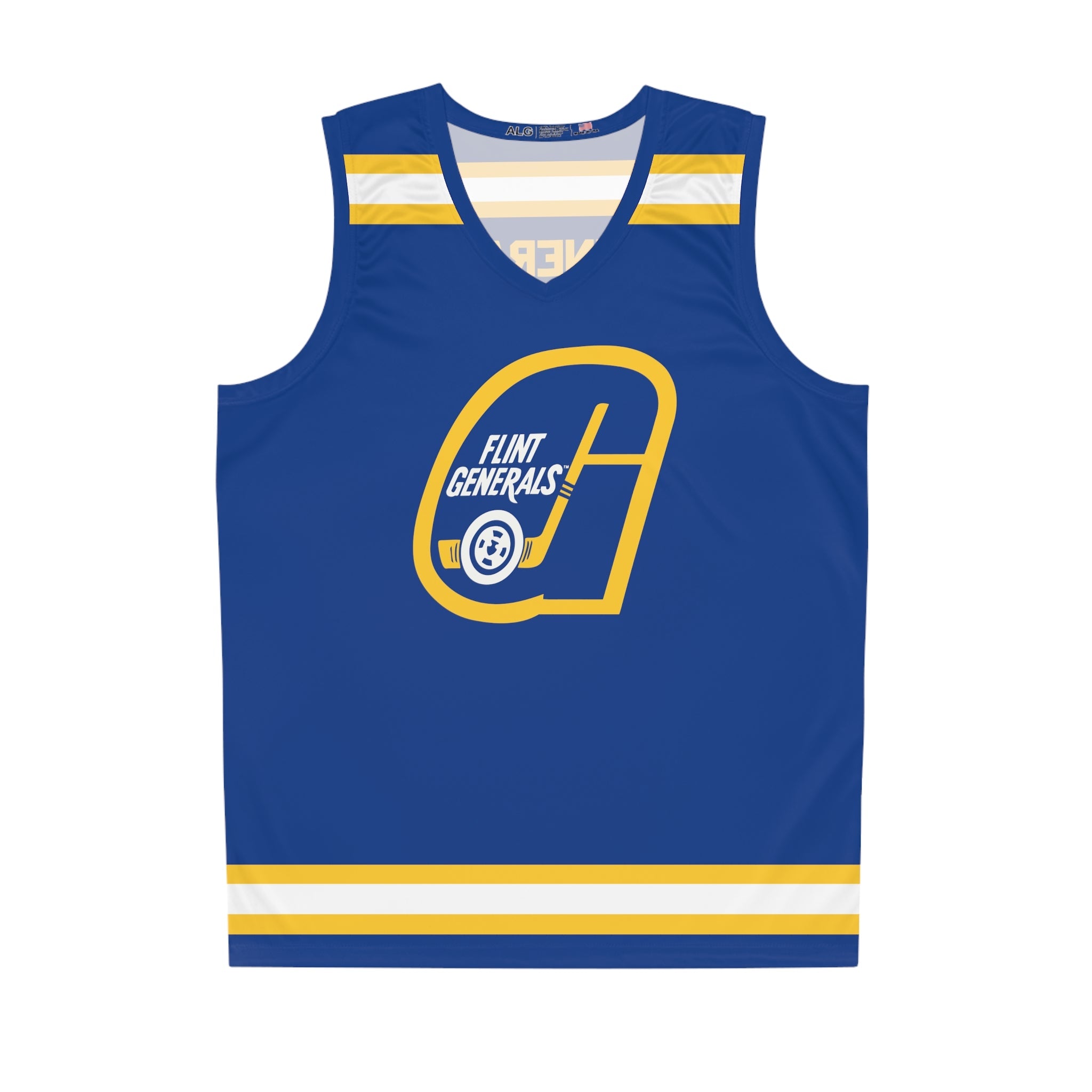 CLEARANCE Flint Generals 1970s Tank Top in royal with the gold G logo with a puck and gold stripes on the front
