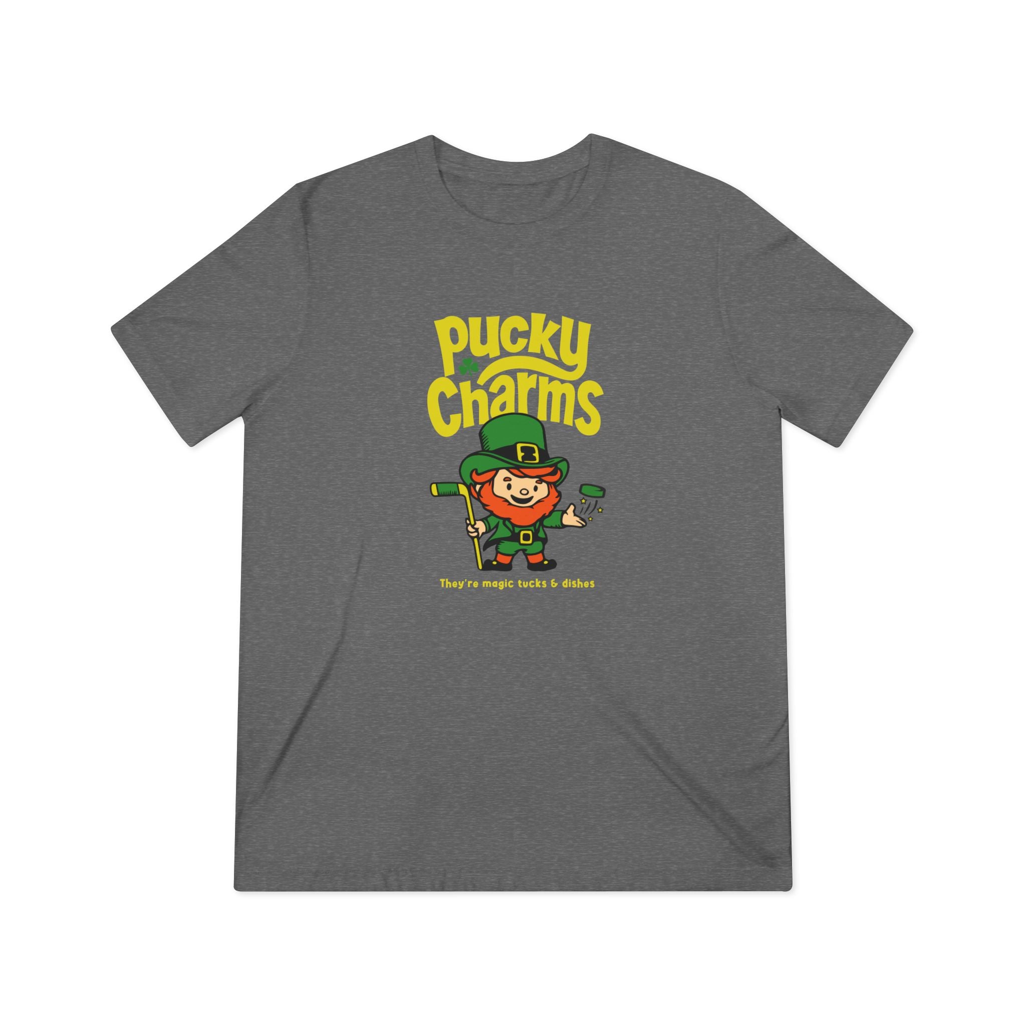 Pucky Charms T-Shirt (Tri-Blend Super Light) with the leprechaun with a stick under green lettering on the front, view 3