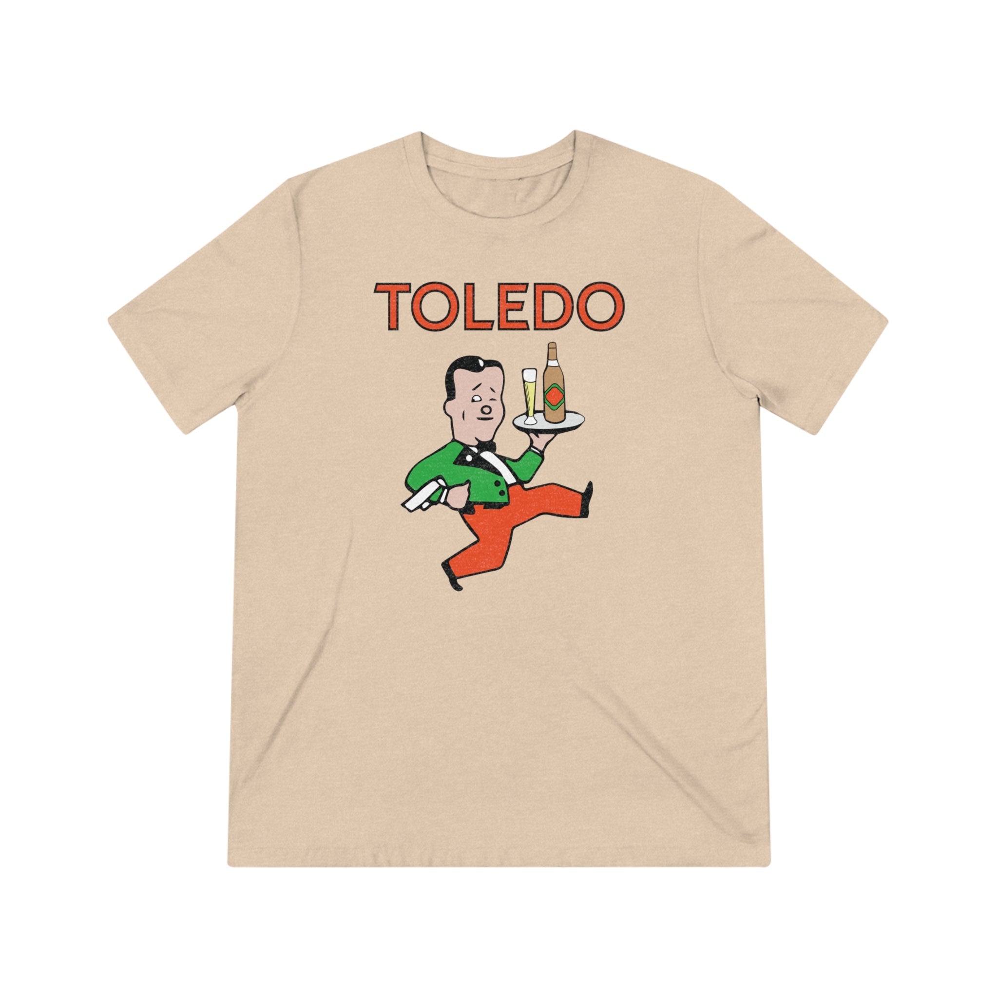 CLEARANCE Toledo Buckeyes T-Shirt (Tri-Blend Super Light) in oatmeal triblend with the running waiter carrying a tray under red lettering on the front