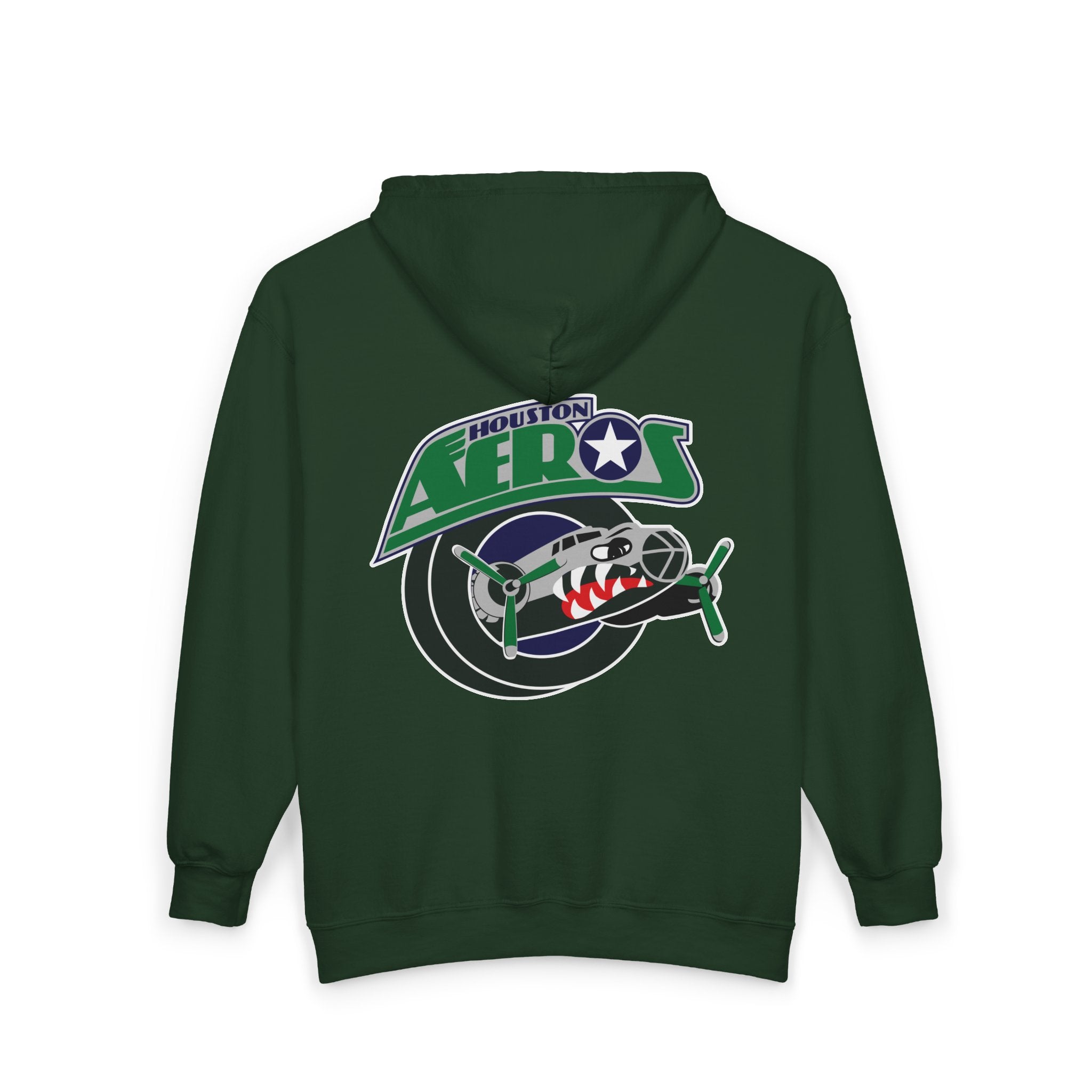 Houston Aeros 1990s Hoodie (Zip) in forest green, back view with the shark-nosed plane over a puck with green lettering