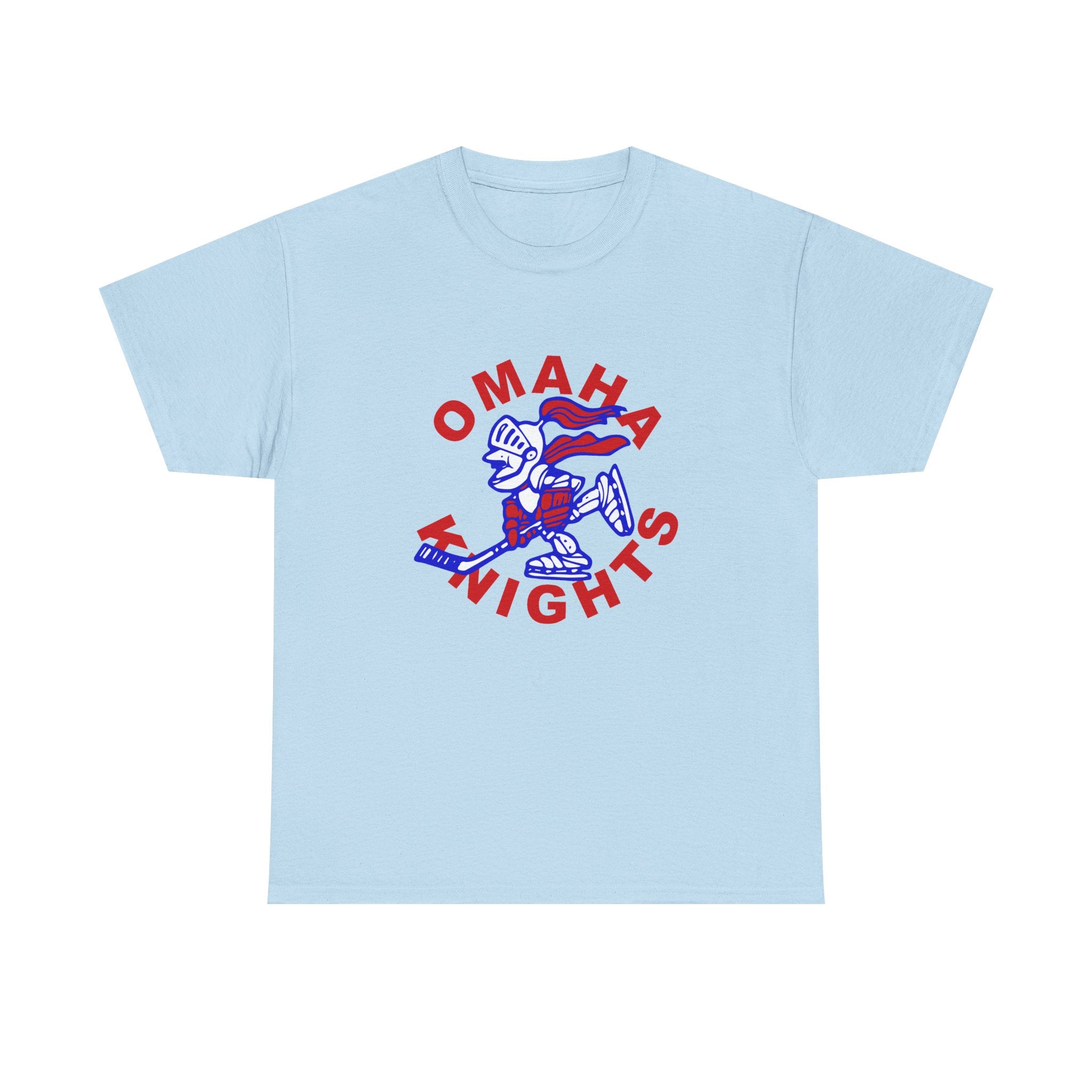 Omaha Knights 1960s T-Shirt in light blue with the cartoon knight skater in blue with red lettering on the front