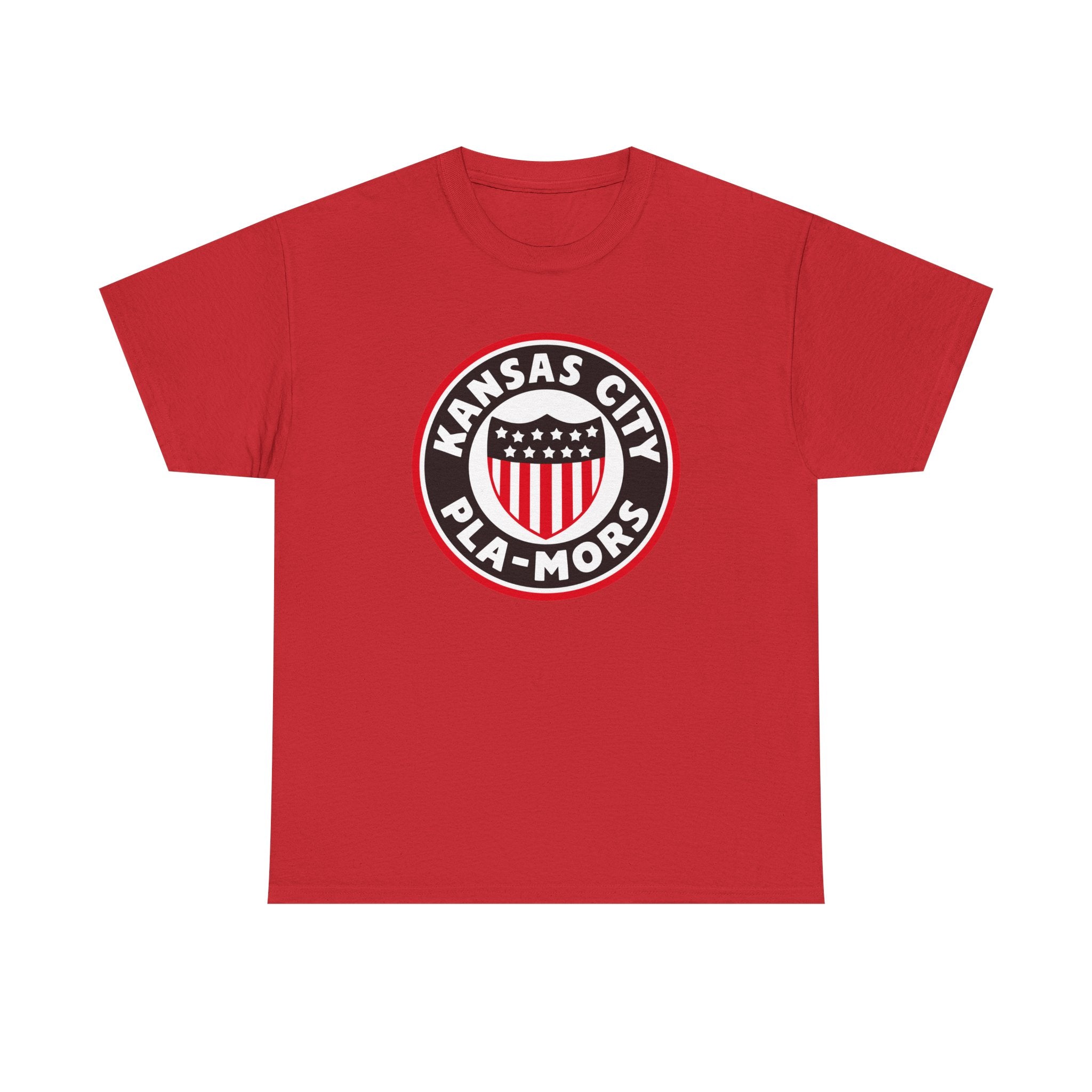 Kansas City Pla-Mors T-Shirt in red with the round logo with a stars-and-stripes shield on the front