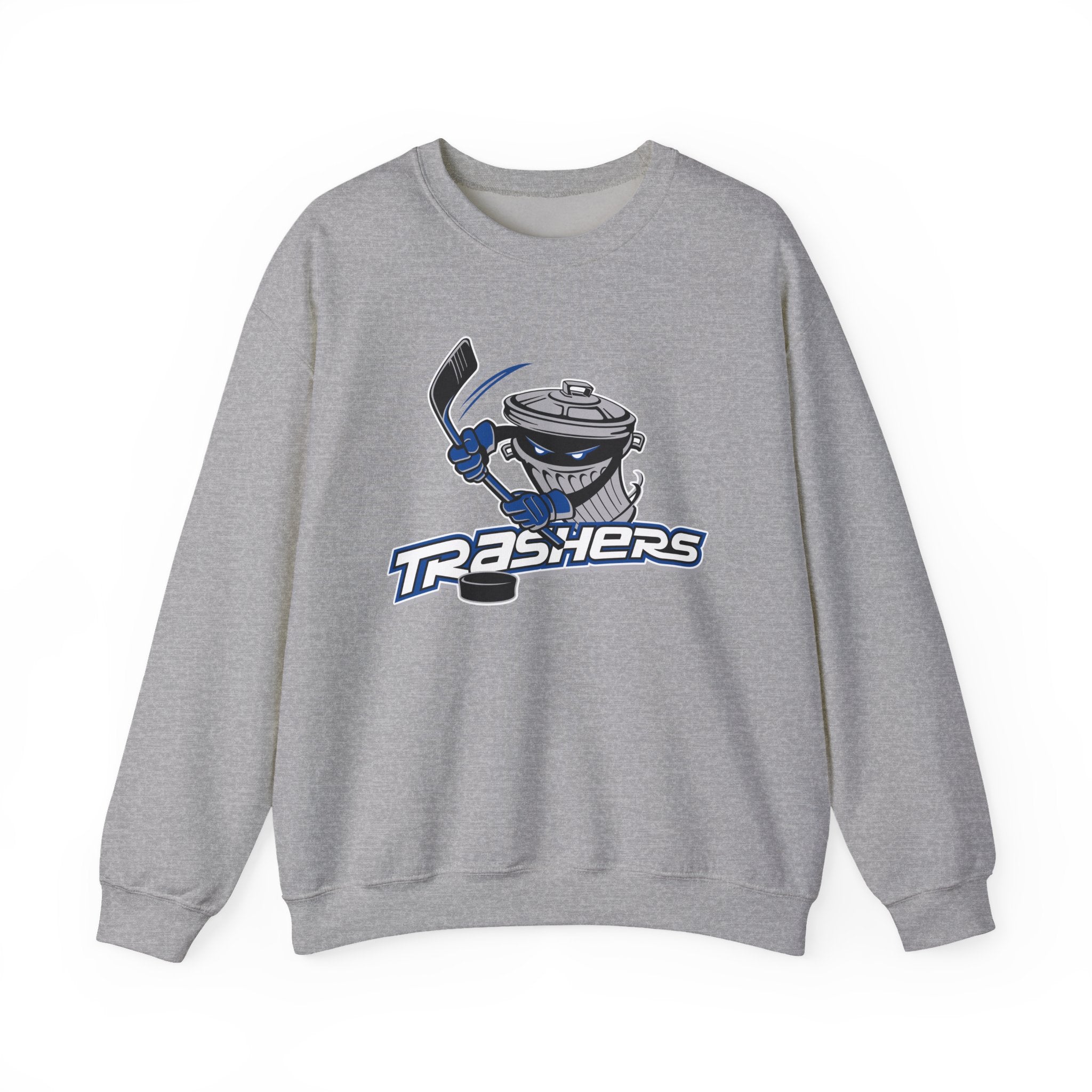 CLEARANCE Danbury Trashers Logo Crewneck Sweatshirt (Misprint) in sport grey with the trash can mascot holding a stick over lettering on the front