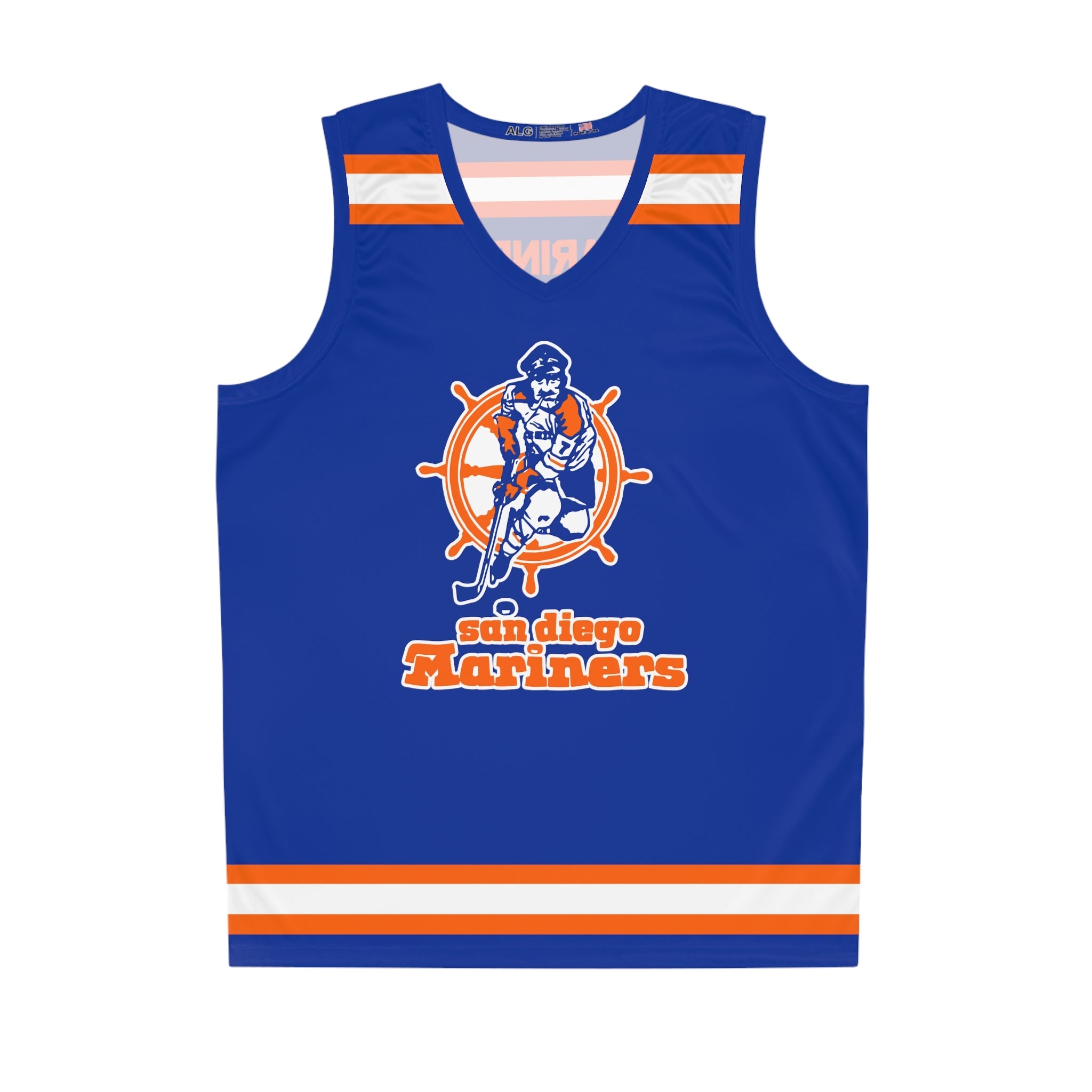 CLEARANCE San Diego Mariners Tank Top in royal blue with the pirate skater on a ship's wheel with orange stripes on the front