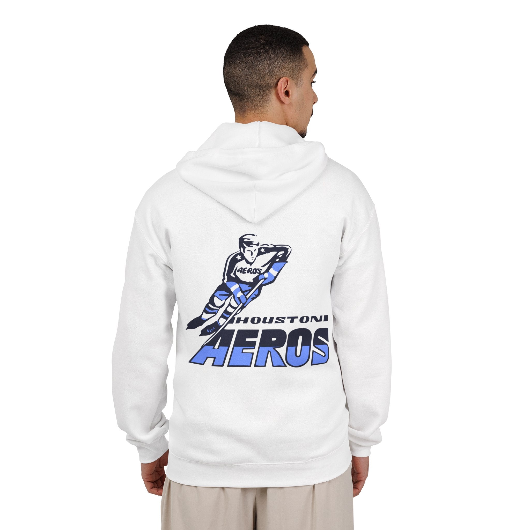 Houston Aeros 1970s Hoodie (Zip) in white, worn by model, back with the skating player over blue slanted lettering