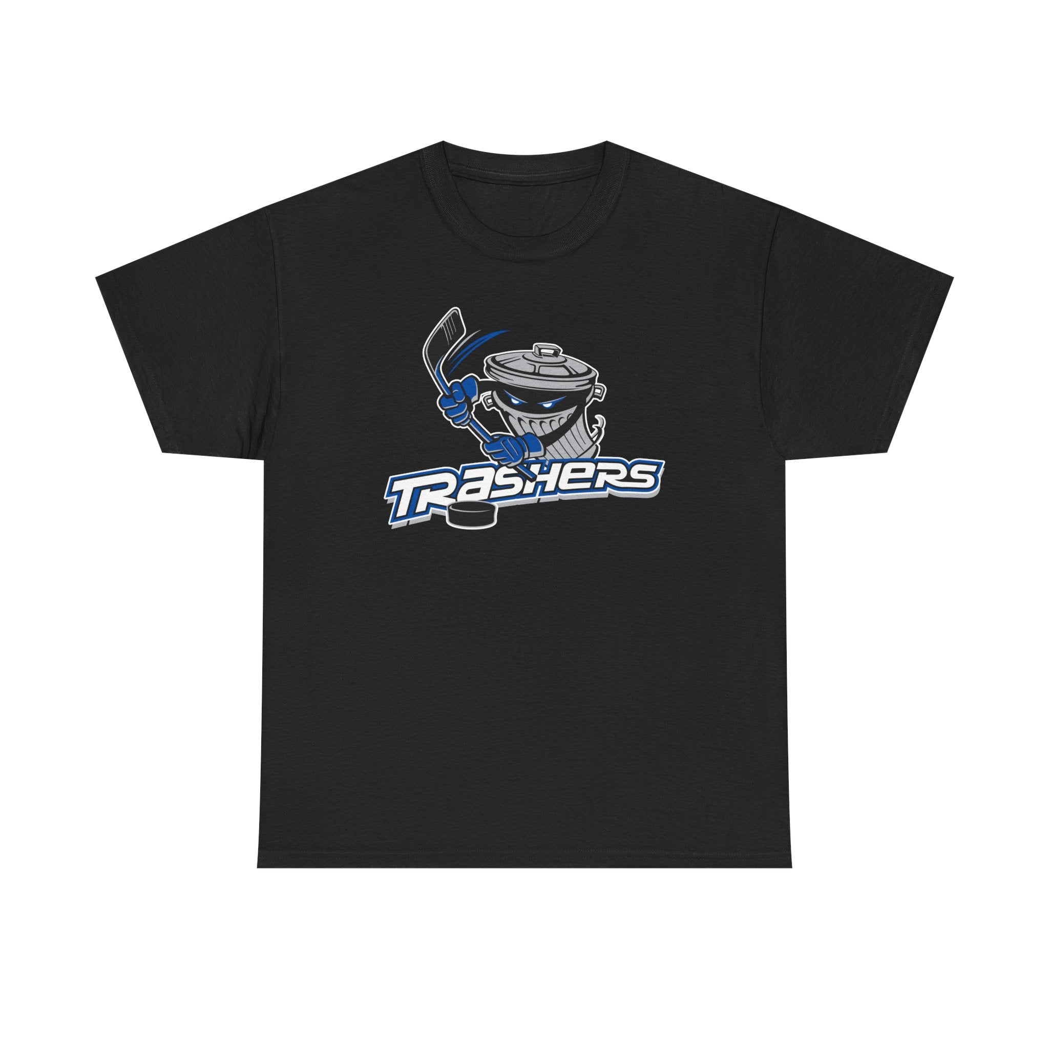 CLEARANCE Danbury Trashers Logo T-Shirt (Misprint) in black with the trash can mascot holding a stick over lettering on the front