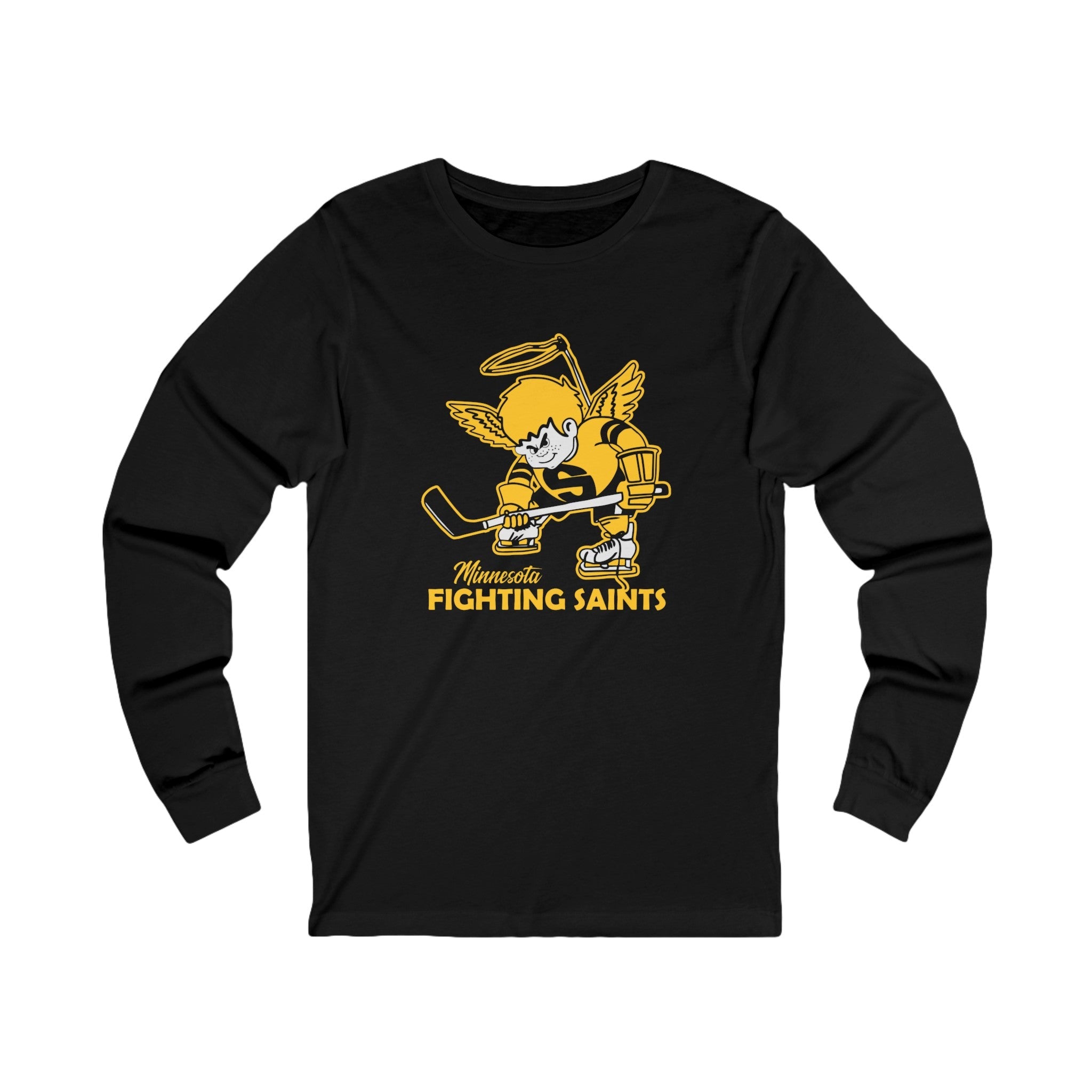 Minnesota Fighting Saints Long Sleeve Shirt with the gold haloed angel skater with a stick on the front