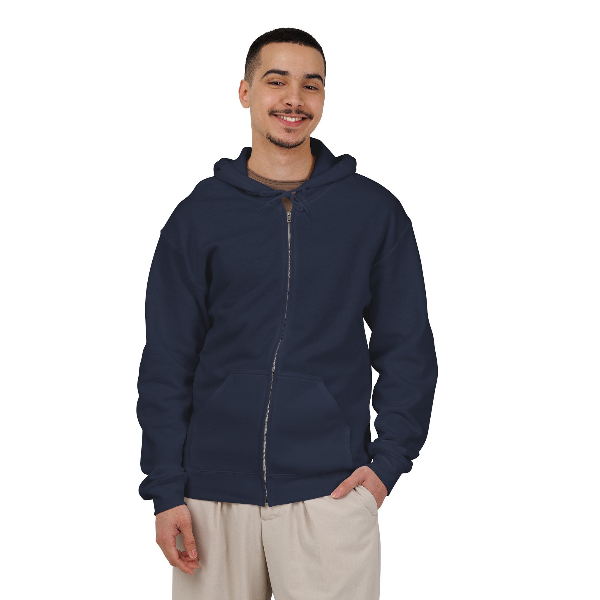 New Haven Nighthawks 1970s Hoodie (Zip) in navy, worn by model, front, plain (design is on the back)