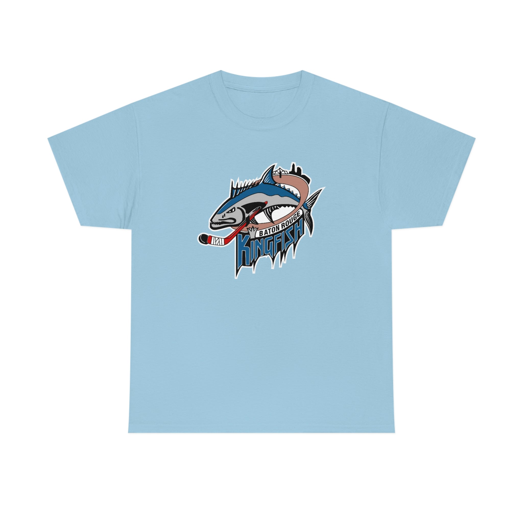 CLEARANCE Baton Rouge Kingfish T-Shirt in light blue with the kingfish gripping a hockey stick in blue on the front