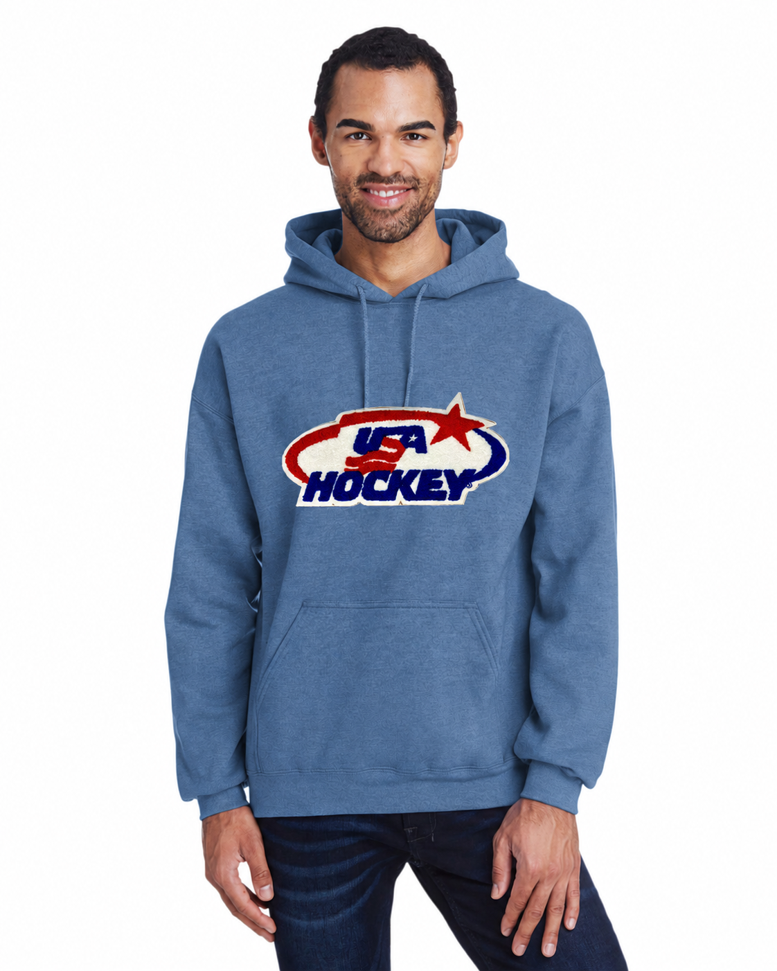 CLEARANCE Official USA hockey Chenille Logo hoodie in steel blue with the chenille flag-star oval logo in red and navy on the front