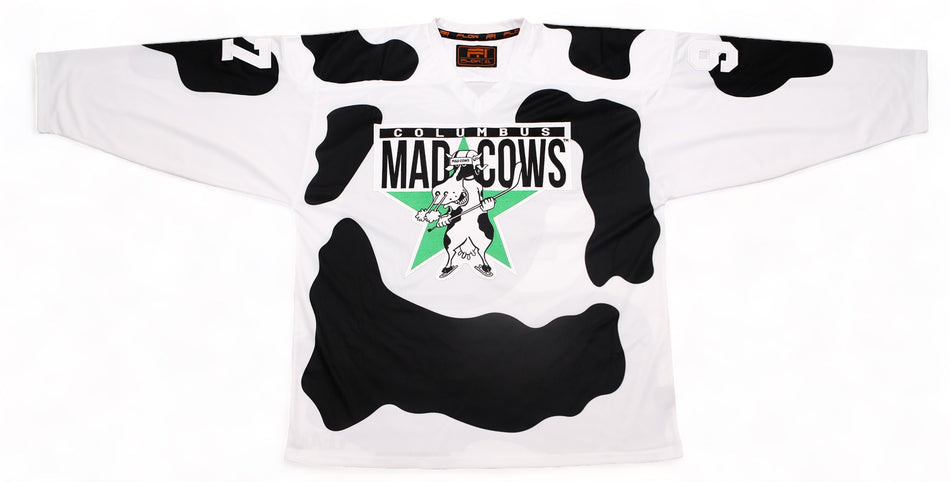 Columbus Mad Cows custom jersey, front, sleeves spread, shown with sample number 97