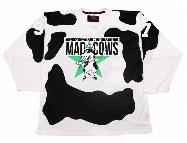 Columbus Mad Cows custom jersey, front, shown with sample number 97 on the sleeves