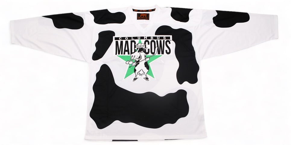 Columbus Mad Cows jersey, blank (no name or number), front, sleeves spread