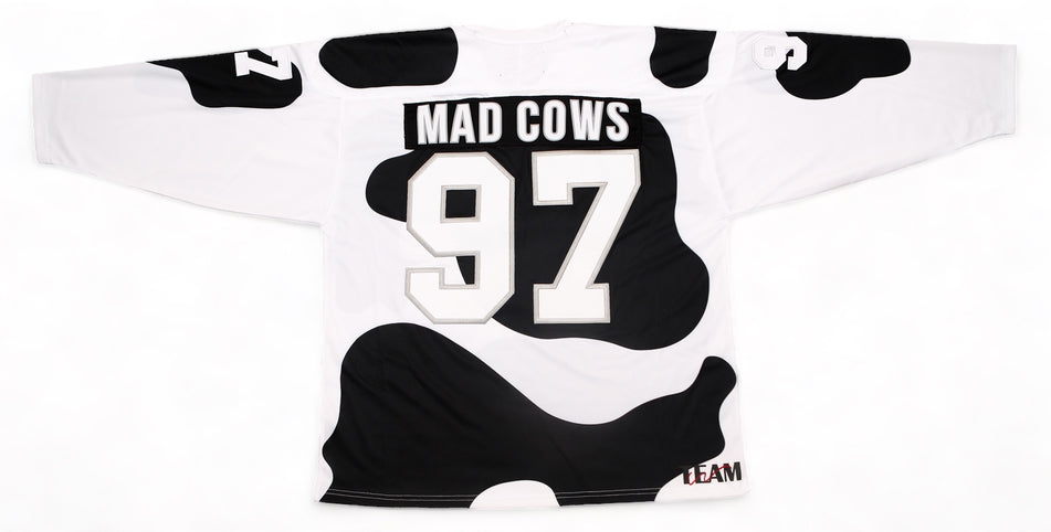 Columbus Mad Cows custom jersey, back, sleeves spread, shown with sample name MAD COWS and number 97