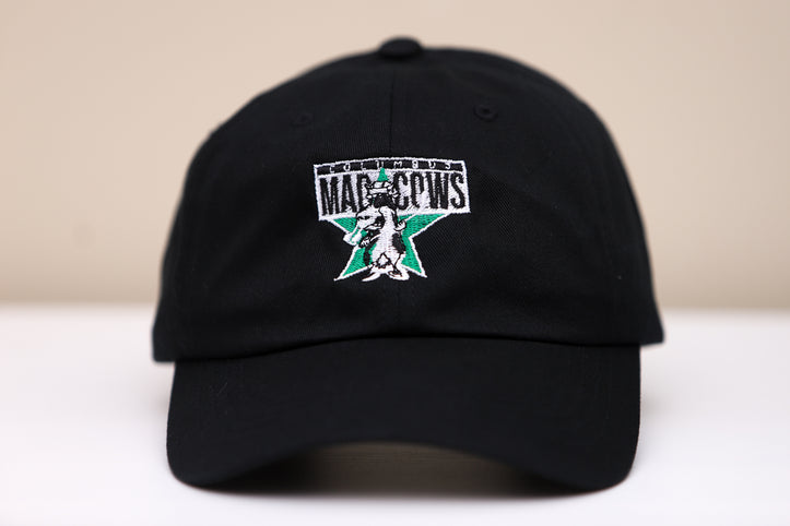 Columbus Mad Cows Hat with the embroidered cow mascot on a green star on the front