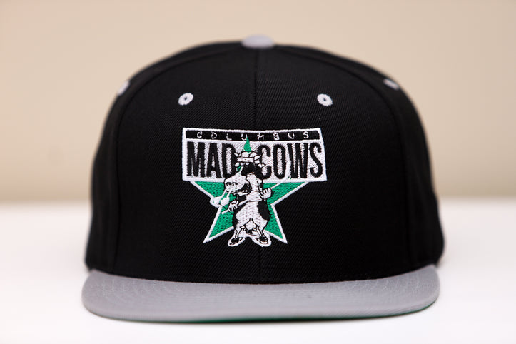 Columbus Mad Cows Hat (Snapback) with the embroidered cow mascot on a green star on the front, view 2