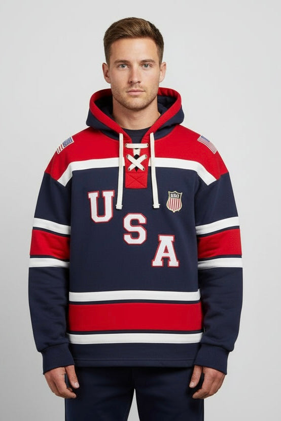 USA Hockey Logo Lace Cotton Embroidered Hoodie