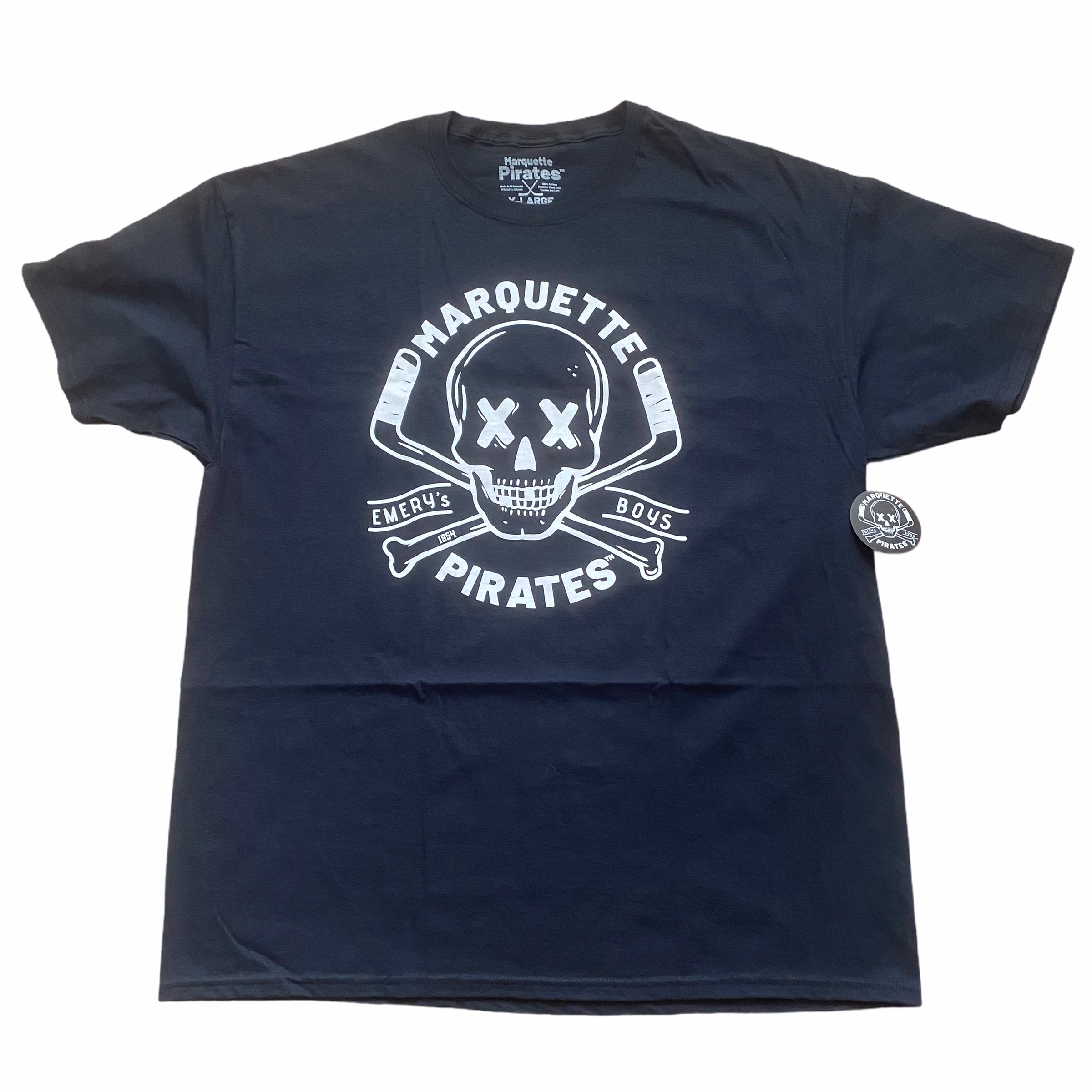 CLEARANCE Marquette Pirates T-Shirt in black with the white skull and crossed sticks roundel on the front