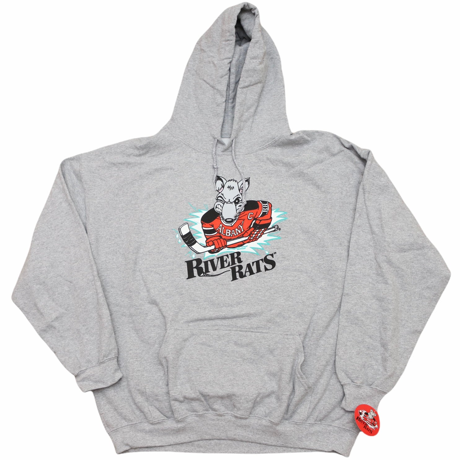 CLEARANCE Albany River Rats Hoodie in grey with the rat mascot in a red jersey over script lettering on the front