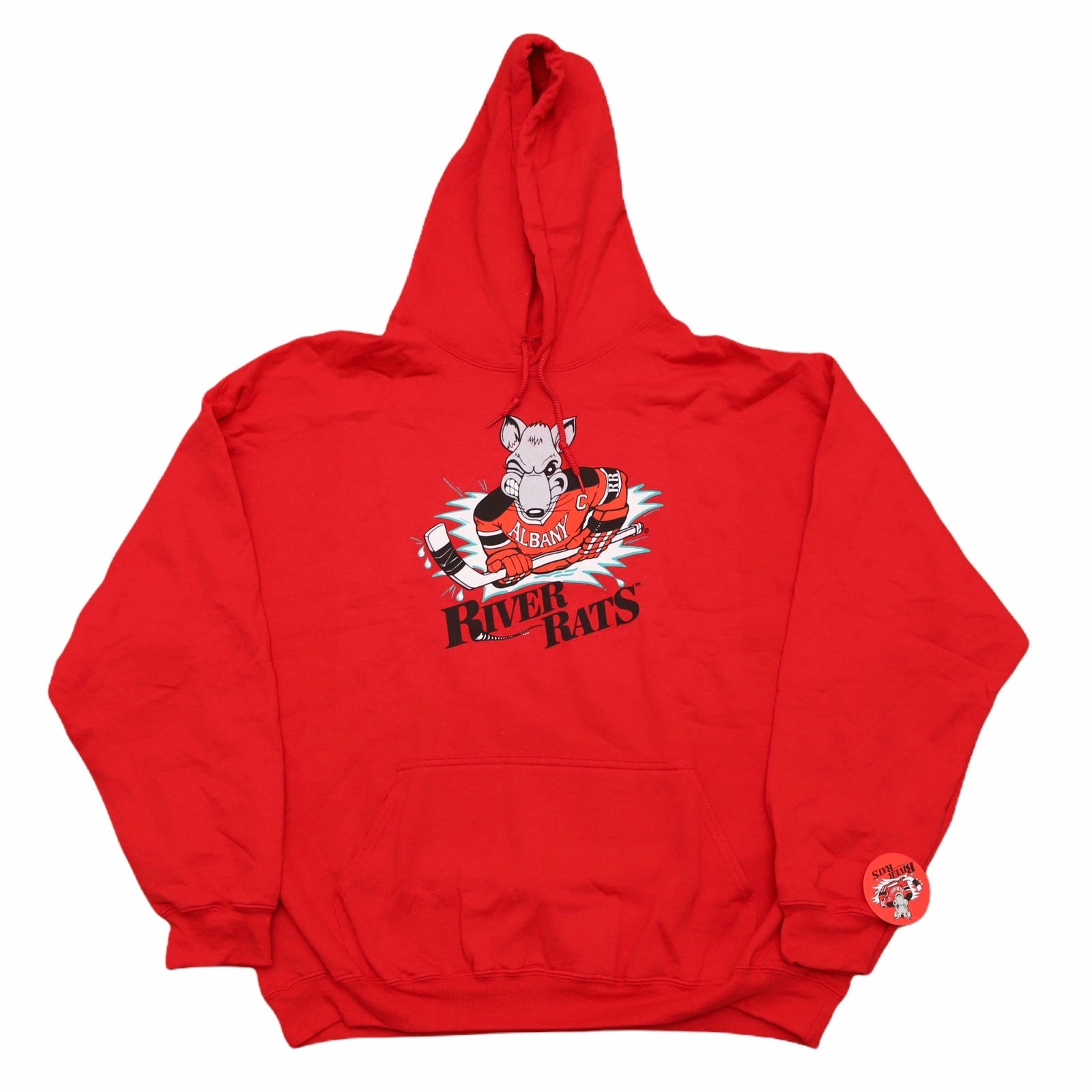 CLEARANCE Albany River Rats Hoodie in red with the rat mascot in a red jersey over script lettering on the front