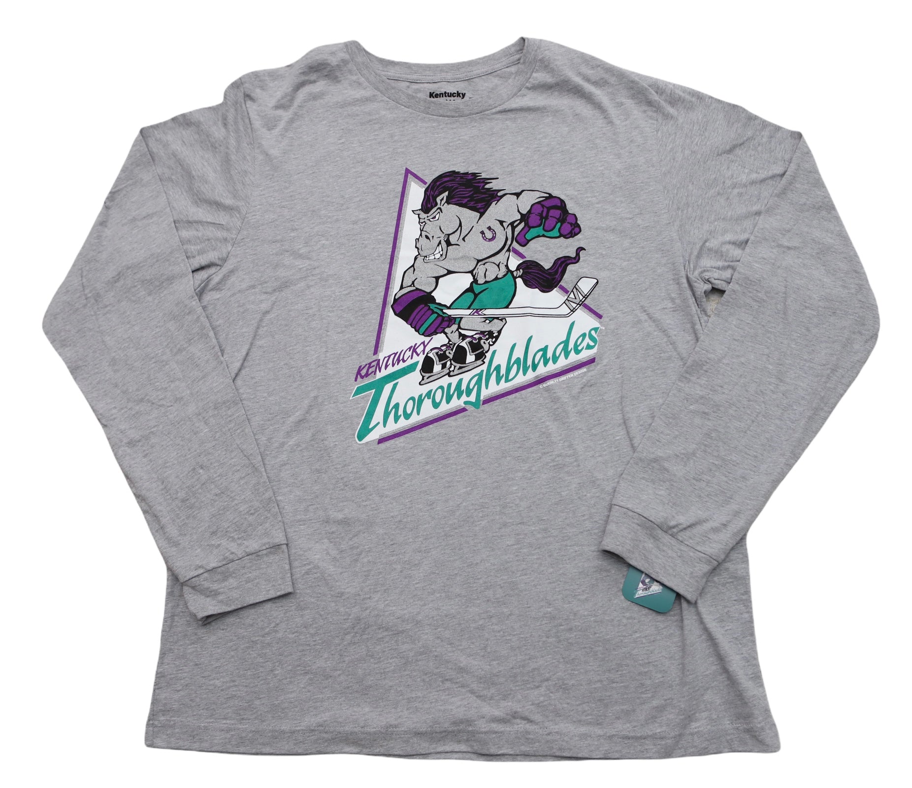 Kentucky Thoroughblades Long Sleeve Shirt with the purple-maned horse skater over teal script on the front