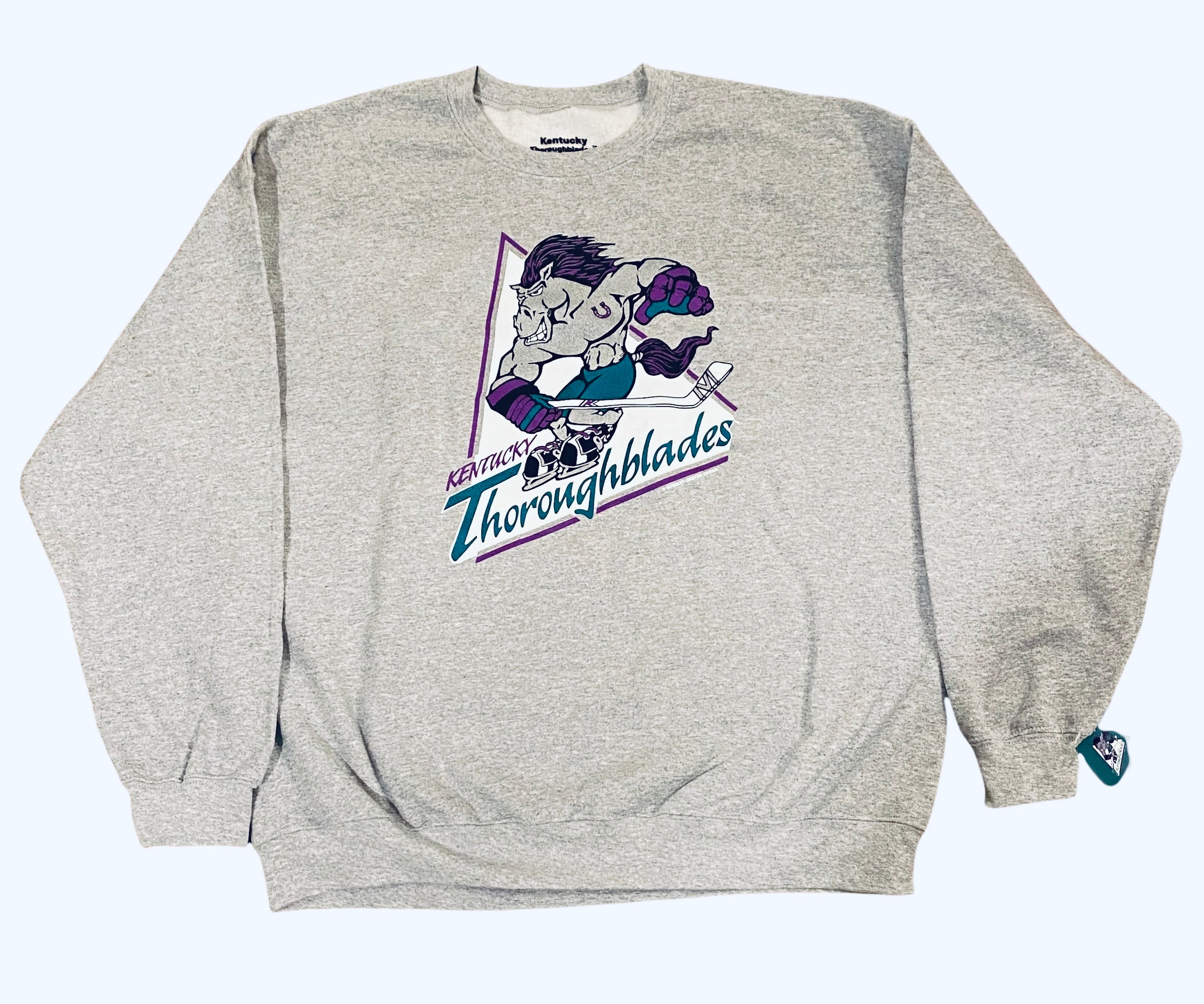 CLEARANCE Kentucky Thoroughblades Crewneck Sweatshirt in grey with the horse skater in a triangle with purple script on the front