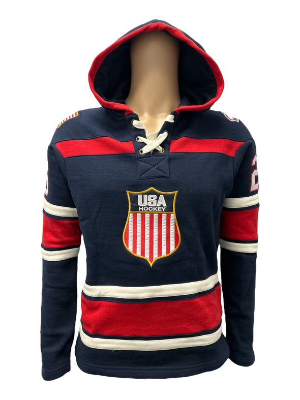 USA Hockey Shield Logo Official Embroidered Navy Lace Hoodie