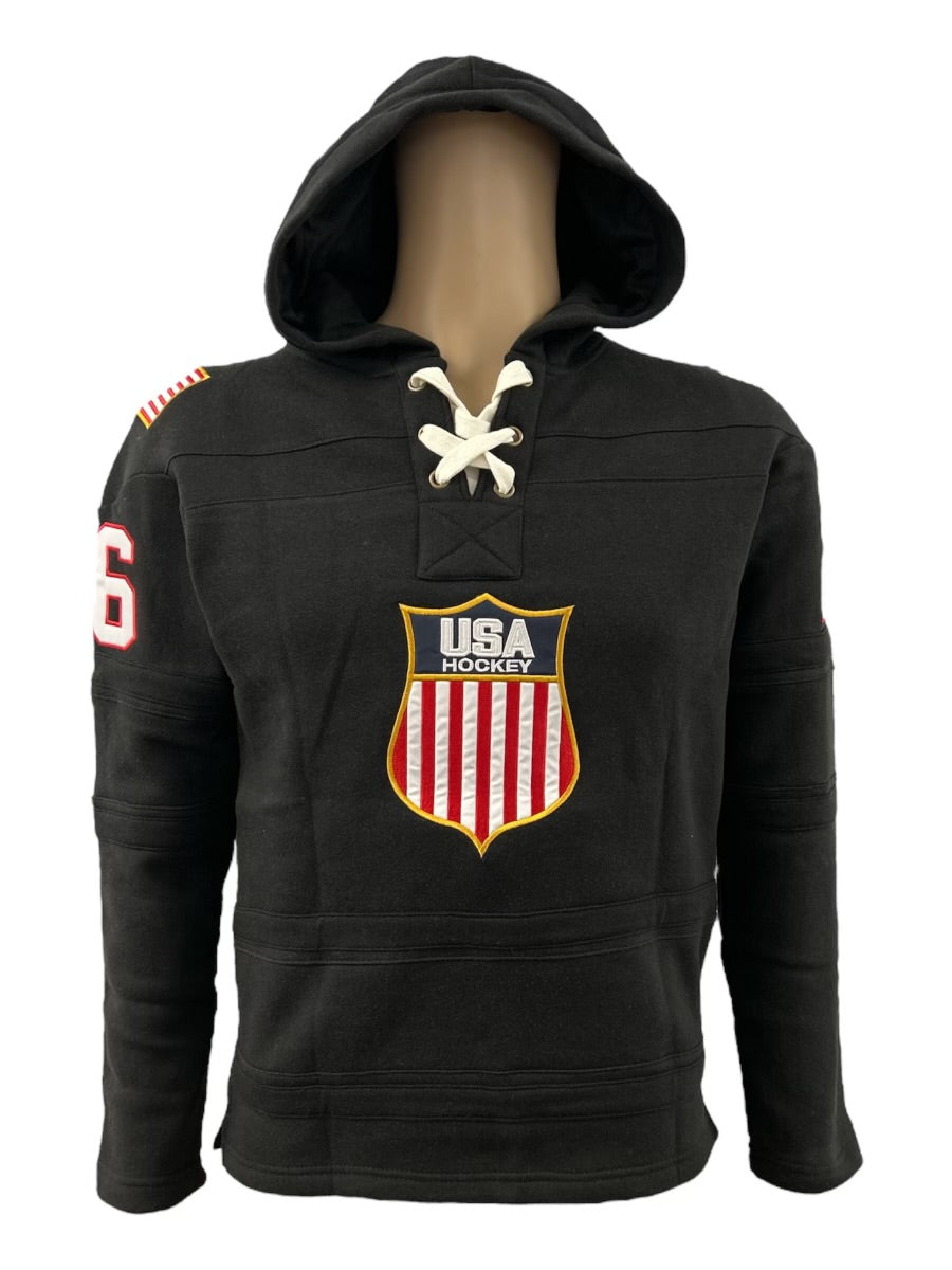 USA Hockey Shield Logo Official Vintage Look Embroidered  Black Lace Hoodie