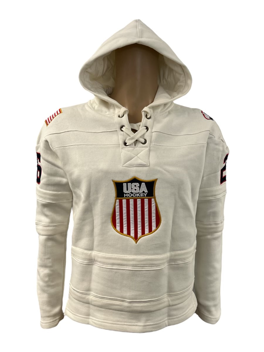 USA Hockey Shield Logo Official Vintage Look Embroidered White Lace Hoodie