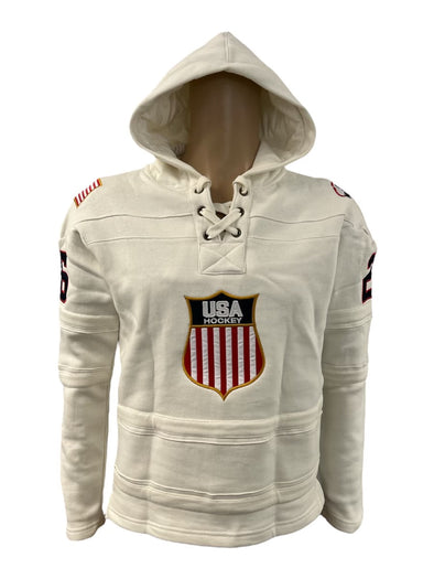 USA Hockey Shield Logo Official Vintage Look Embroidered White Lace Hoodie