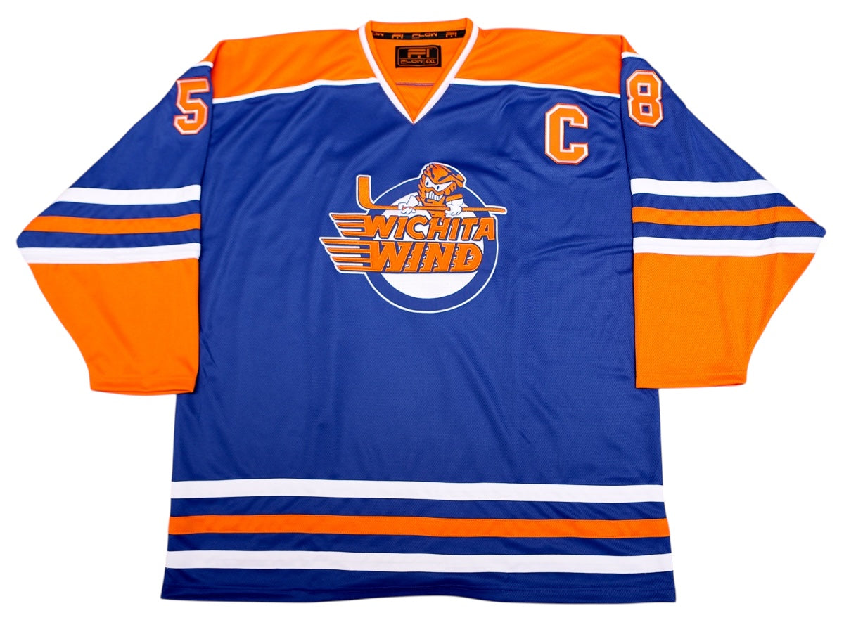 Wichita Wind 80s replica custom jersey, front, shown with sample captain's C and number 58 on the sleeves