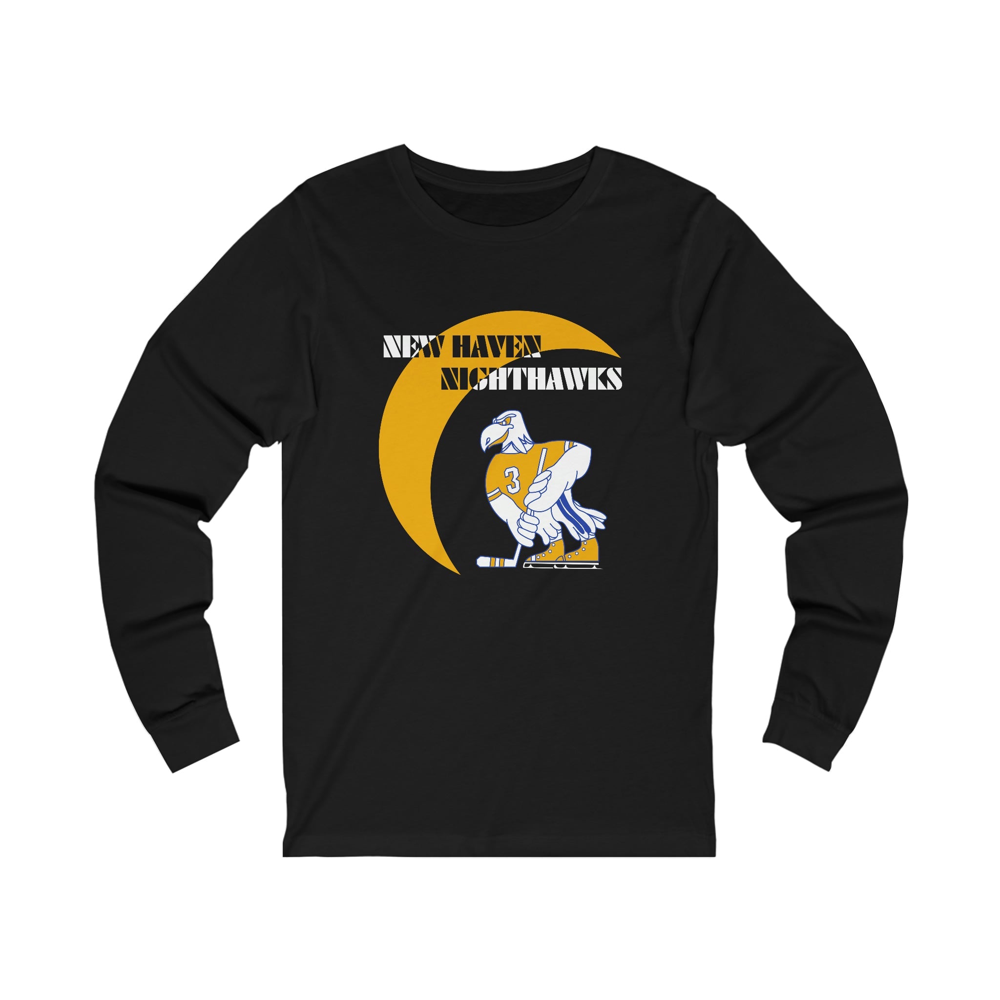 New Haven Nighthawks 1970s Long Sleeve Shirt with the cartoon hawk skater with a gold crescent moon on the front, view 2
