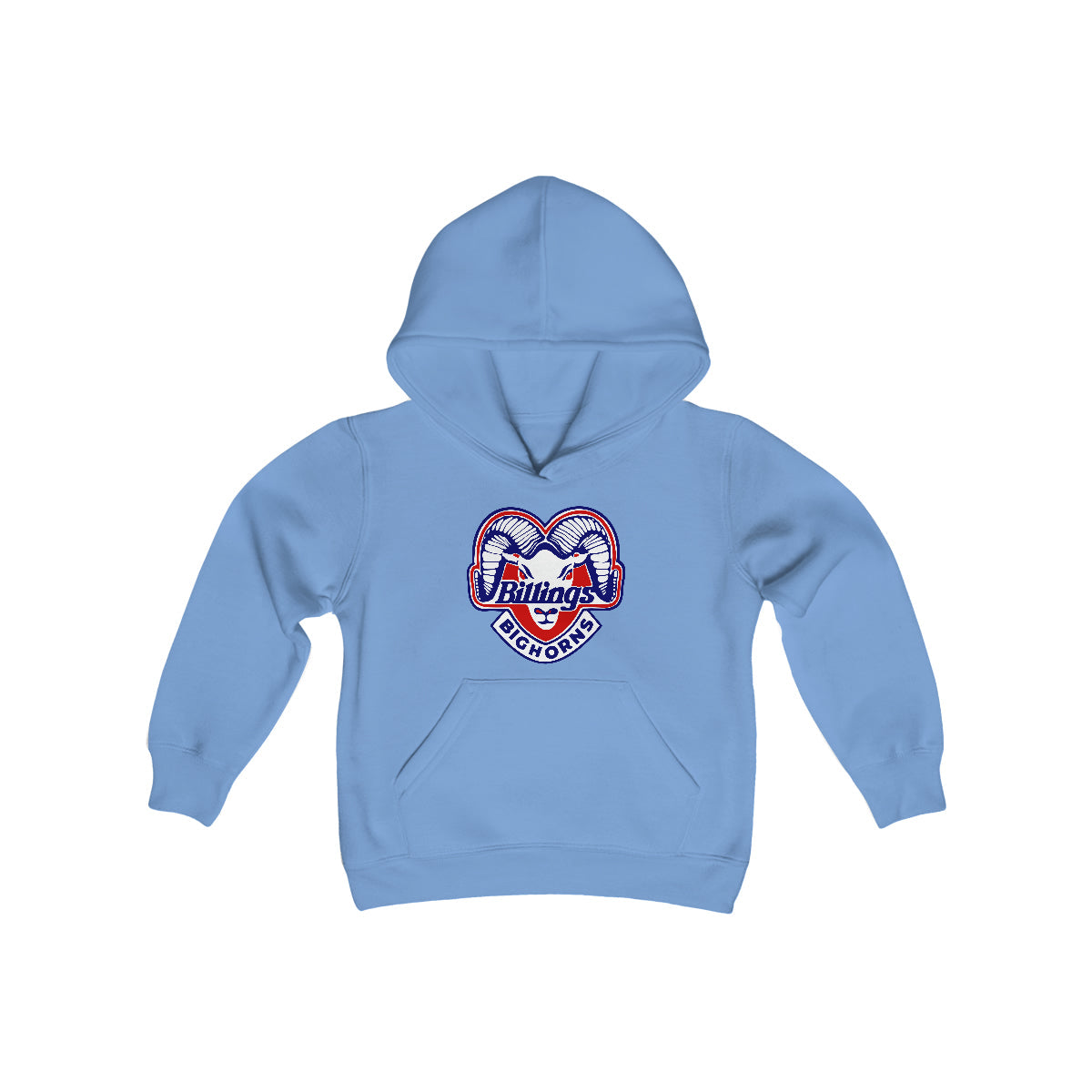 CLEARANCE Billings Bighorns Hoodie (Youth) in carolina blue with the ram horns crest with red script lettering on the front