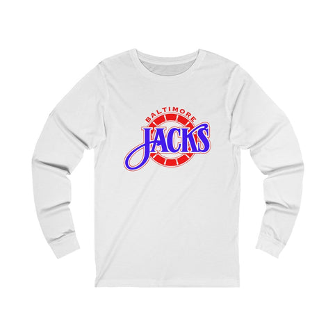 Baltimore Skipjacks Red & Blue Long Sleeve Shirt with the blue Jacks script over a red ship's wheel on the front, view 2