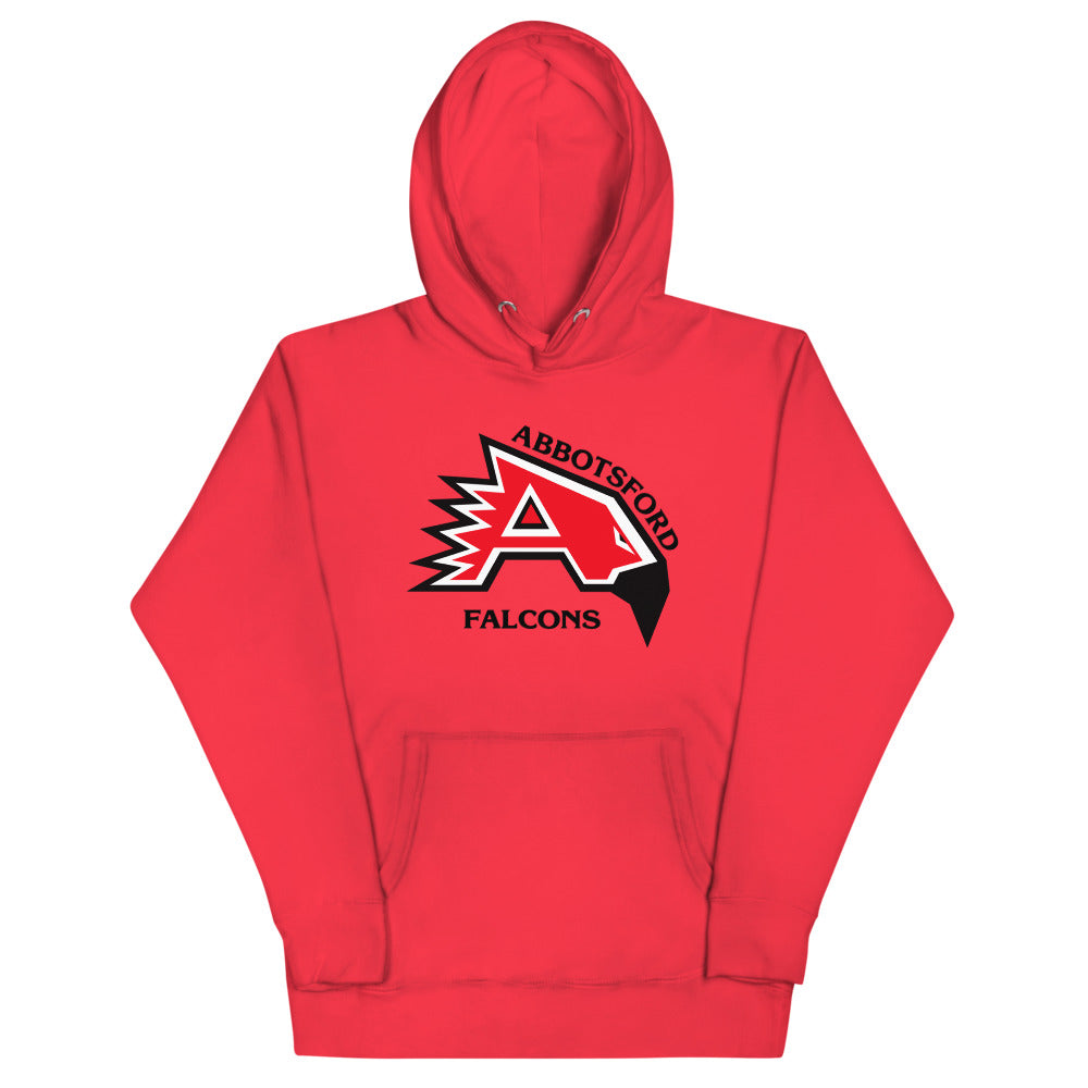 Abbotsford Falcons Hoodie (Premium) with the red A with a black falcon head on the front