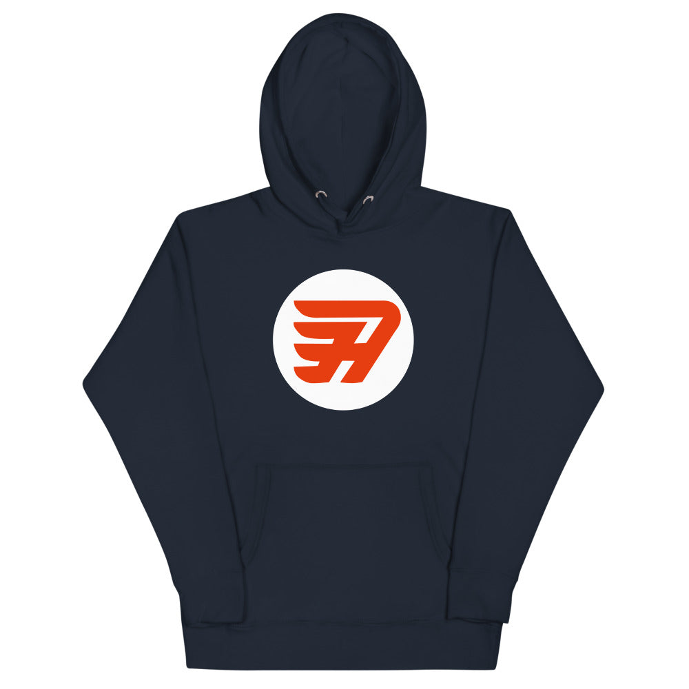 Abbotsford Flyers 1980s Hoodie (Premium) with the orange winged F on a white circle on the front