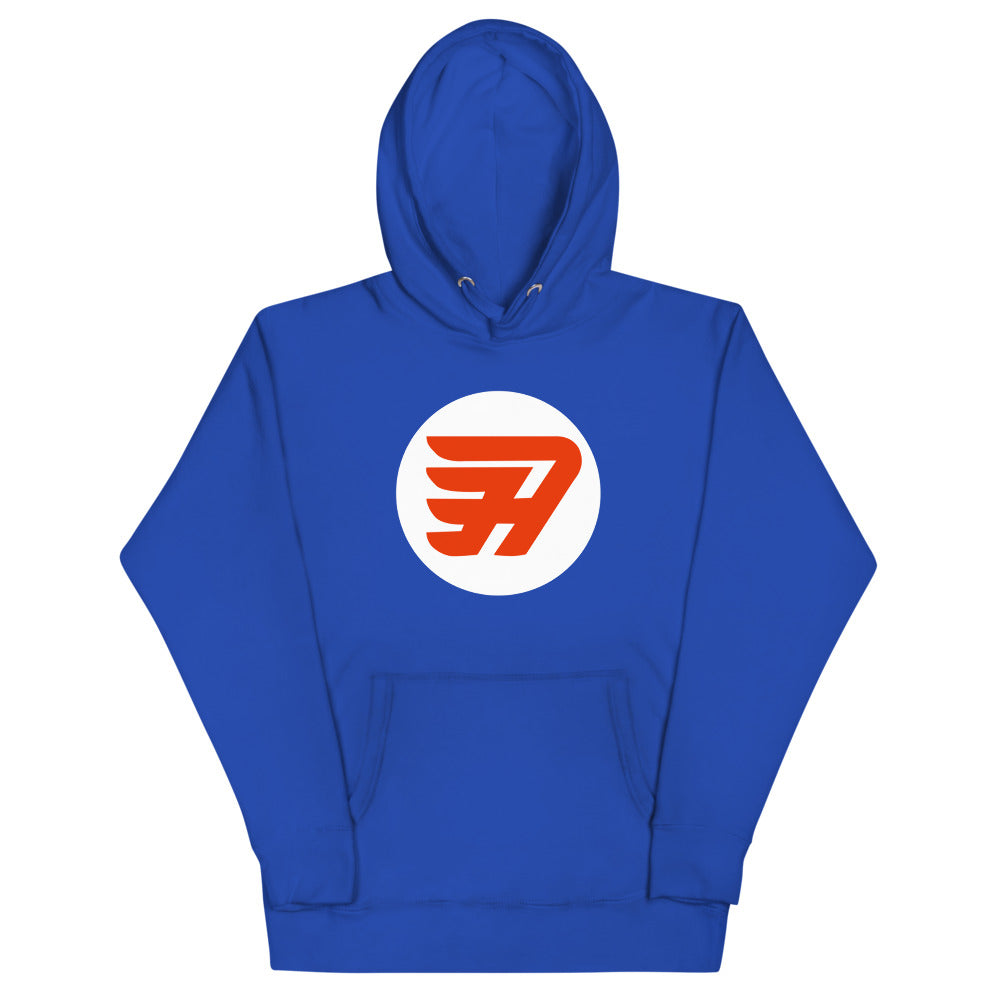 Abbotsford Flyers 1980s Hoodie (Premium) with the orange winged F on a white circle on the front, view 2