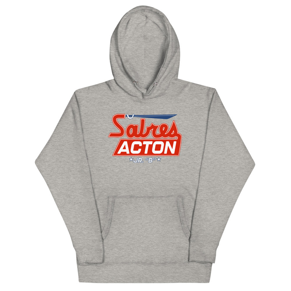 Acton Sabres Hoodie (Premium) with the red script over a red block wordmark on the front, view 2