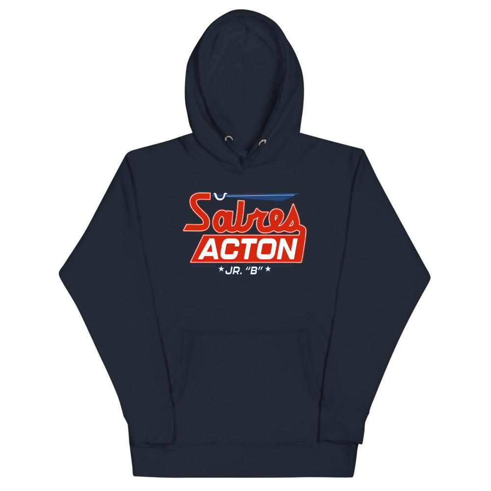 Acton Sabres Hoodie (Premium) with the red script over a red block wordmark on the front