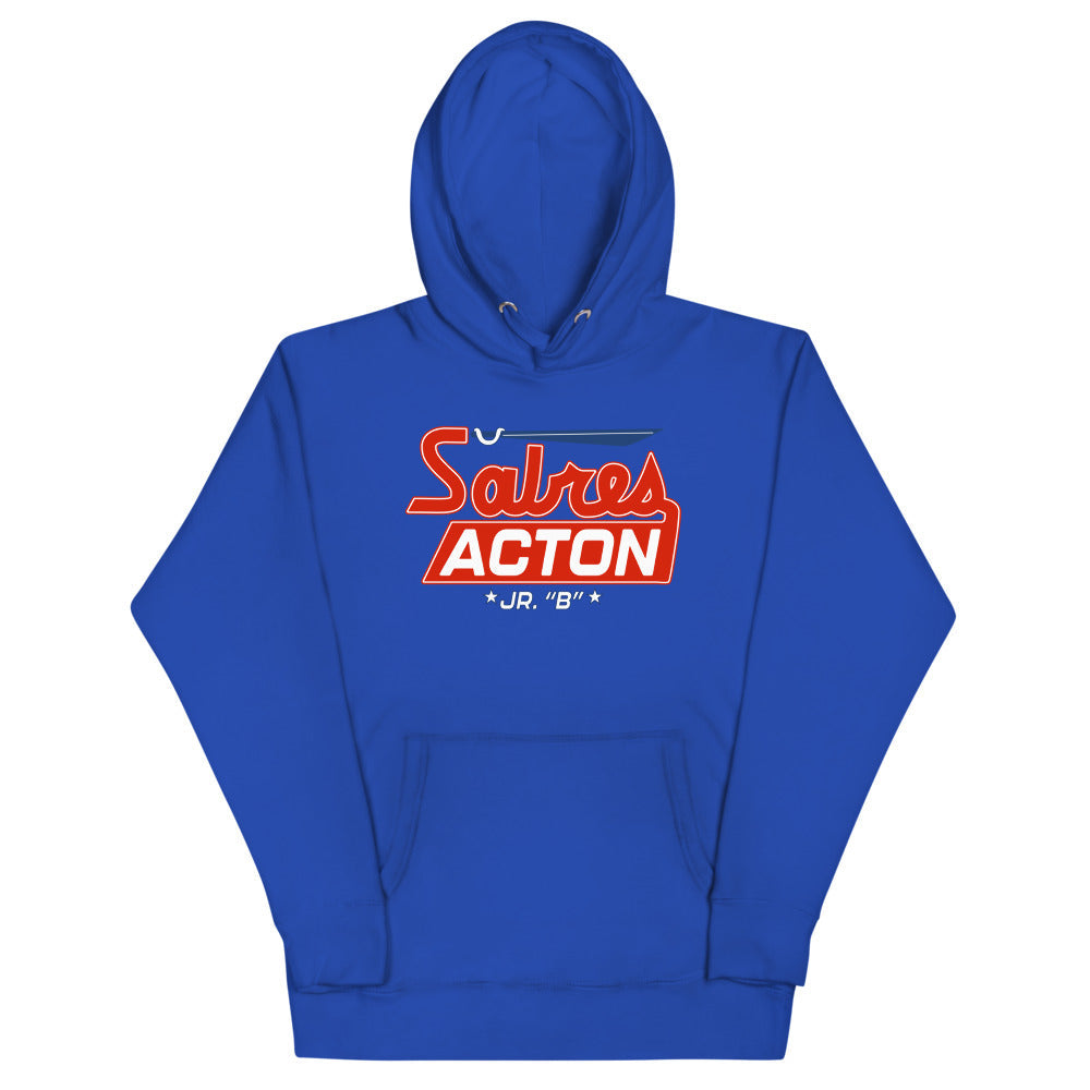 Acton Sabres Hoodie (Premium) with the red script over a red block wordmark on the front, view 3