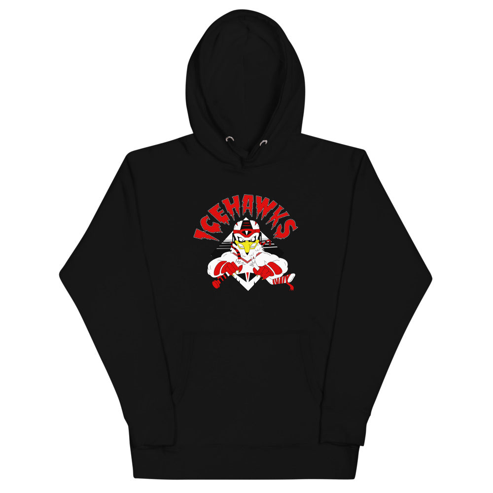 Adirondack IceHawks / Winston-Salem IceHawks Hoodie (Premium) with the hawk mascot with red arched lettering on the front