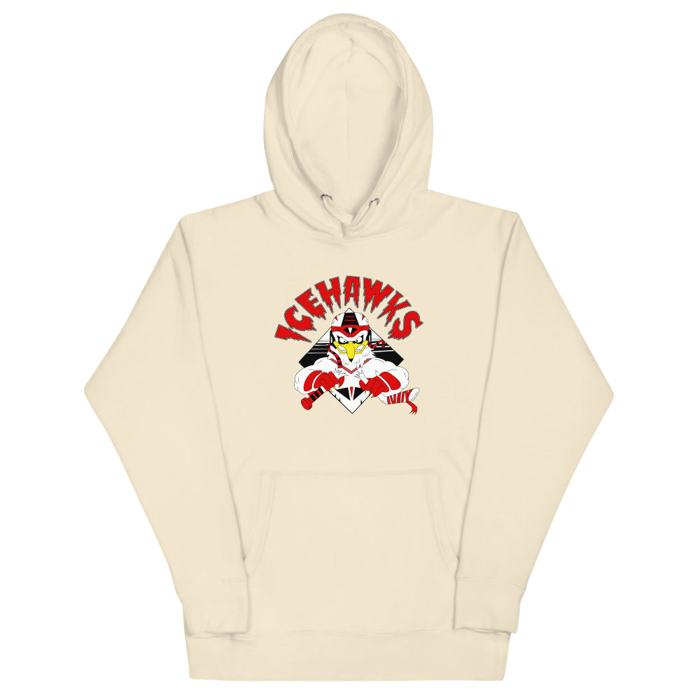 Adirondack IceHawks / Winston-Salem IceHawks Hoodie (Premium) with the hawk mascot with red arched lettering on the front, view 5