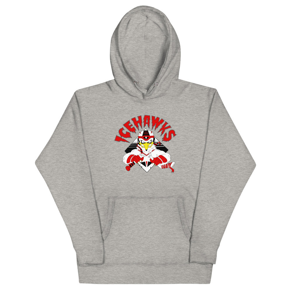 Adirondack IceHawks / Winston-Salem IceHawks Hoodie (Premium) with the hawk mascot with red arched lettering on the front, view 4