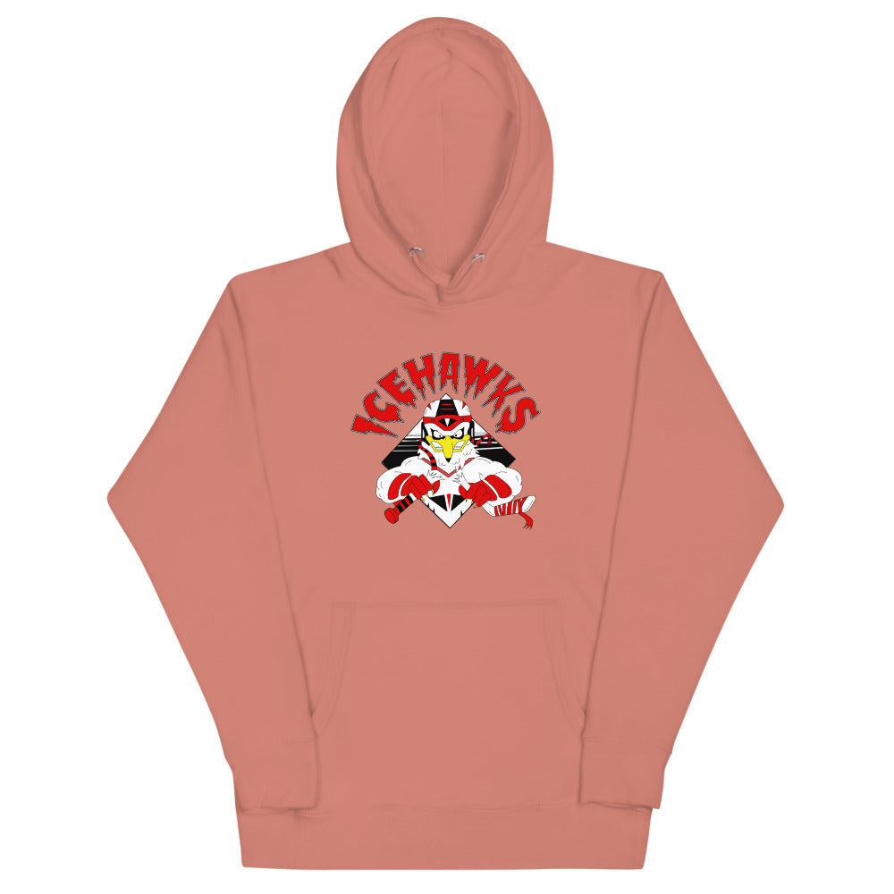 Adirondack IceHawks / Winston-Salem IceHawks Hoodie (Premium) with the hawk mascot with red arched lettering on the front, view 3