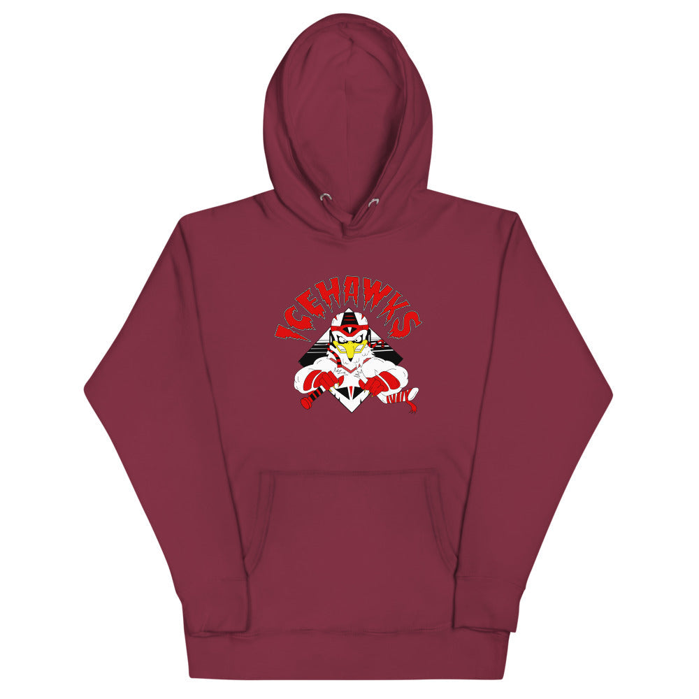 Adirondack IceHawks / Winston-Salem IceHawks Hoodie (Premium) with the hawk mascot with red arched lettering on the front, view 2