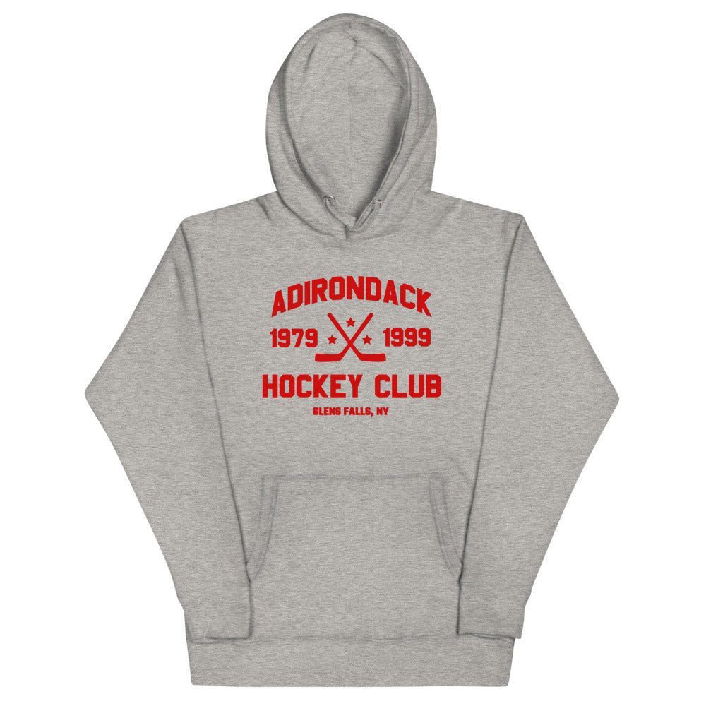 Adirondack Hoodie (Premium) with the red block lettering with crossed sticks and years on the front