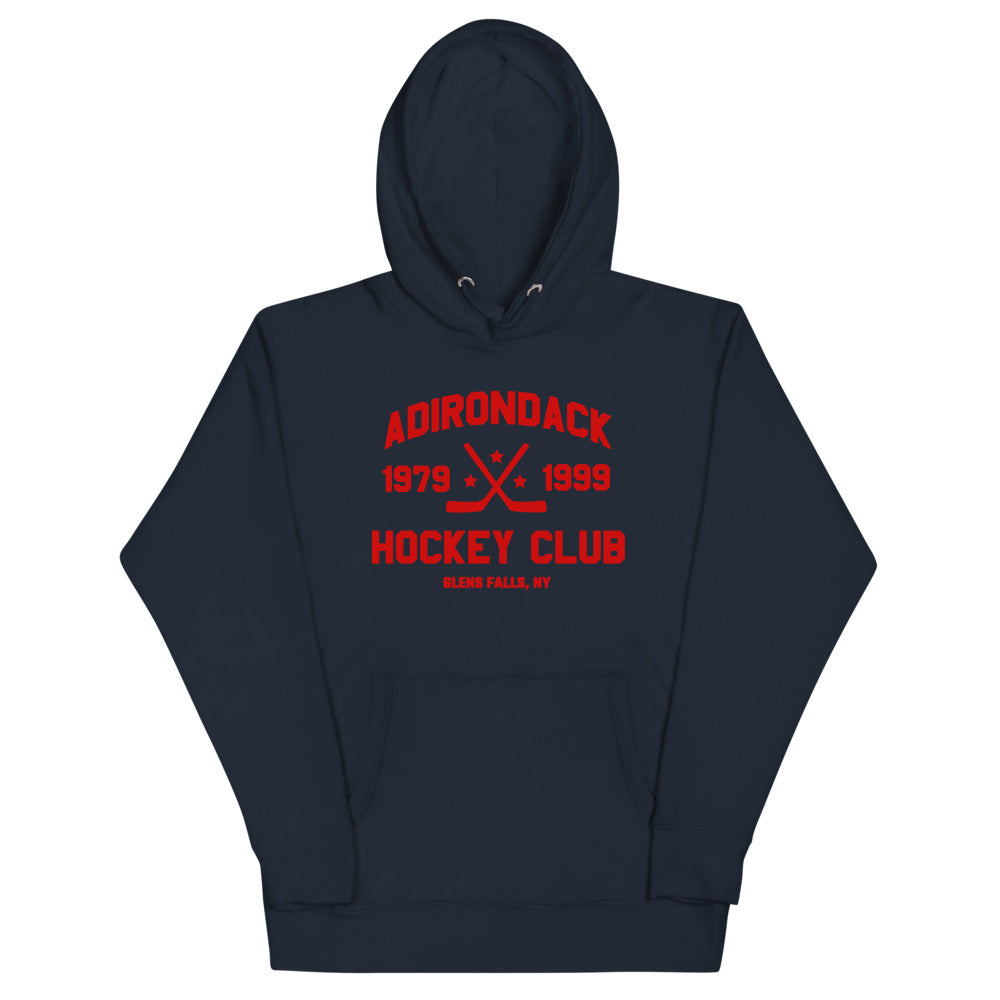 Adirondack Hoodie (Premium) with the red block lettering with crossed sticks and years on the front, view 3