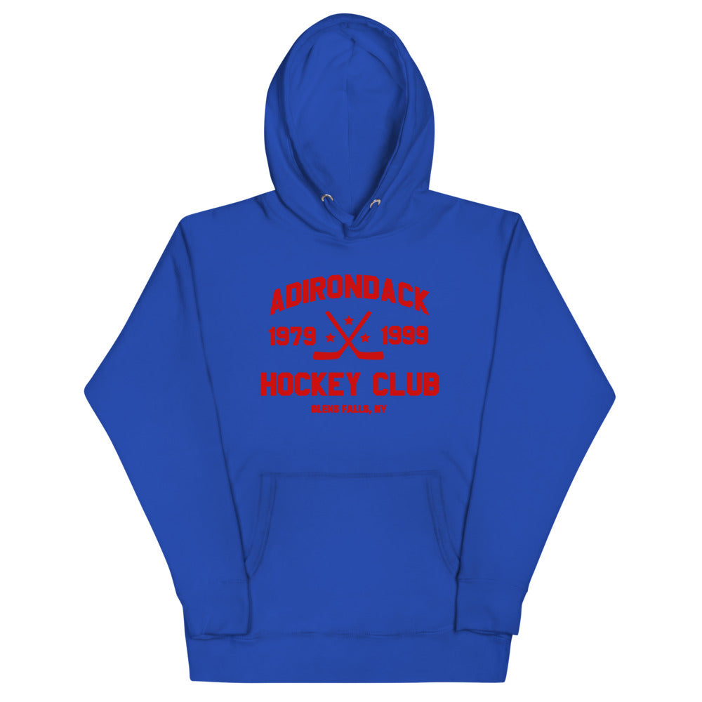Adirondack Hoodie (Premium) with the red block lettering with crossed sticks and years on the front, view 4