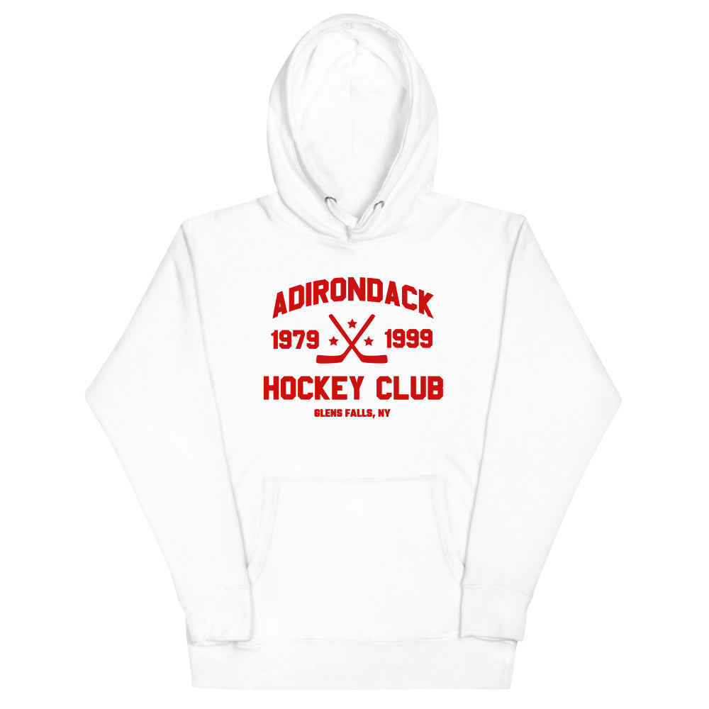 Adirondack Hoodie (Premium) with the red block lettering with crossed sticks and years on the front, view 5